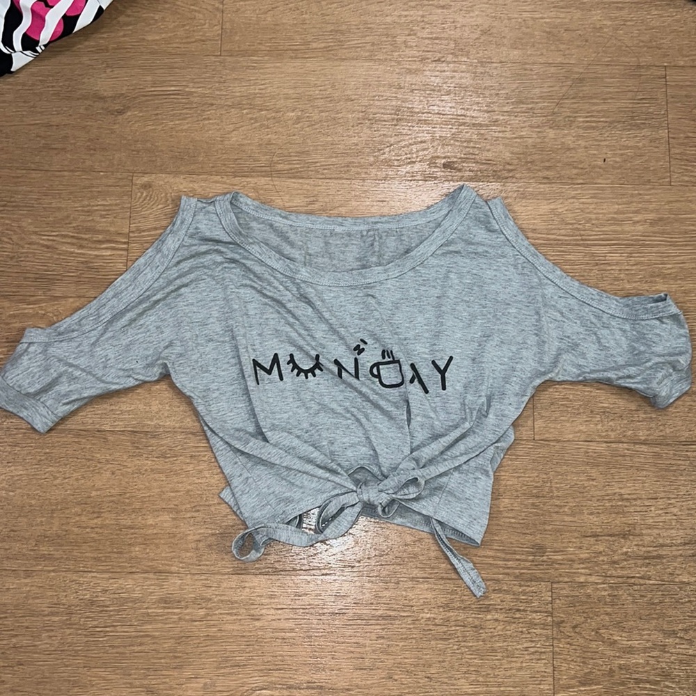 Grey tie-front crop top with shoulder cutouts